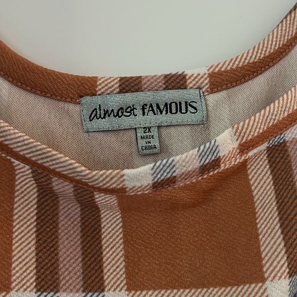 Almost Famous Peach, Cream, Blue Plaid Mini Dress, Spaghetti Straps, Bodycon 2X - Picture 3 of 9